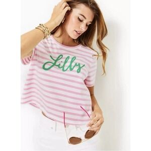 Lilly Pulitzer Keenan Knit Top Conch Shell Pink Striped Beaded Logo Size L NEW